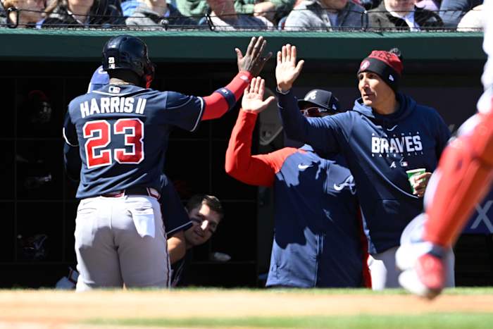 Mar 30, 2023; Washington, District of Columbia, USA; Atlanta Braves center fielder Michael Harris II (23) is congratulated by teammates after scoring a run against the Washington Nationals during the second inning at Nationals Park. Mandatory Credit: Brad Mills-USA TODAY Sports